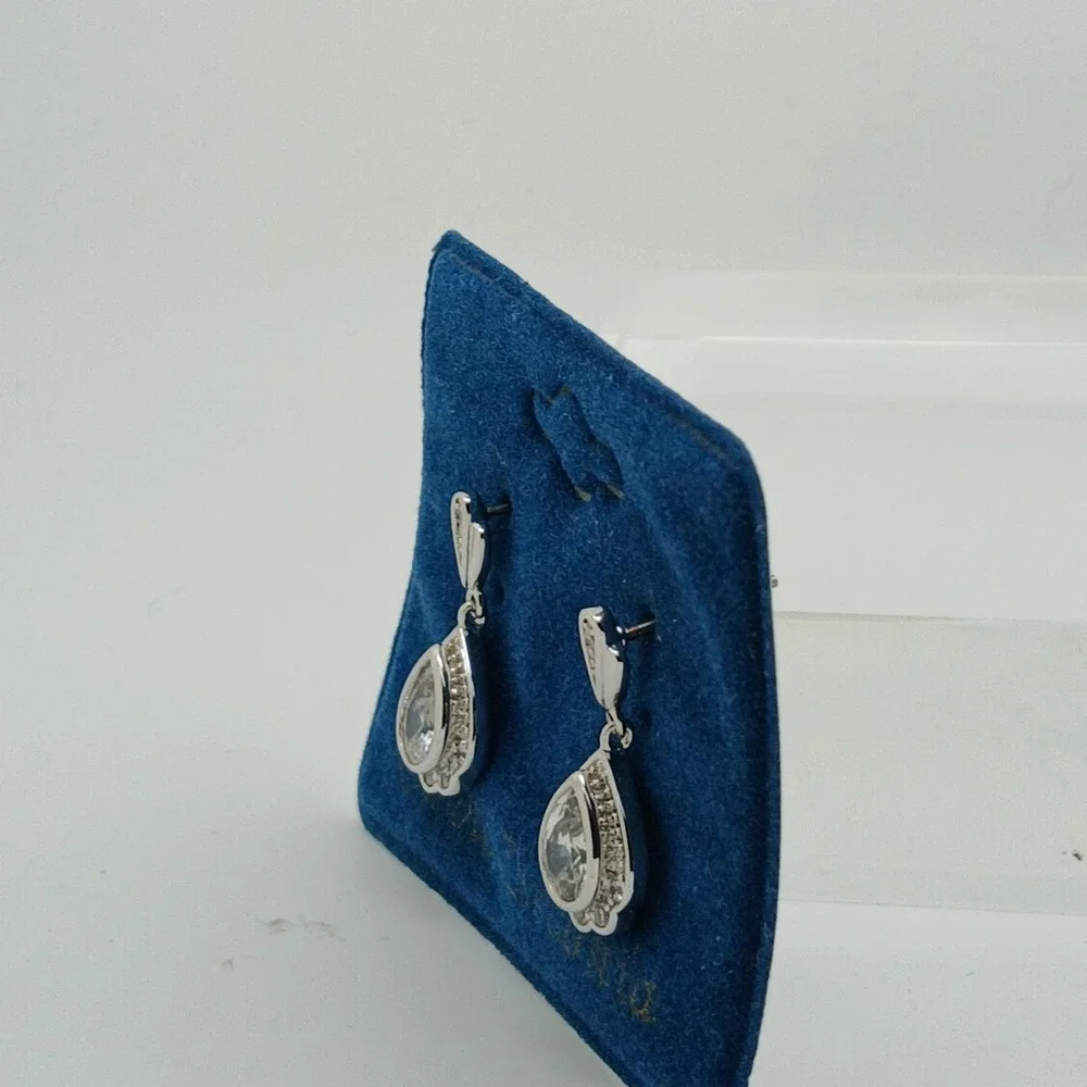 Vintage 1990s Pear Cut Cubic Zirconia Silver Tone Drop Earrings Rare New on Card